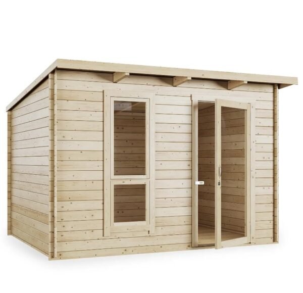 BillyOh Mia 3x2.5 Log Cabin Summer House Shed with Untreated Wood, Modern Pent Roof Garden Shed, Single Door & Shatterproof Windows – Outdoor Room