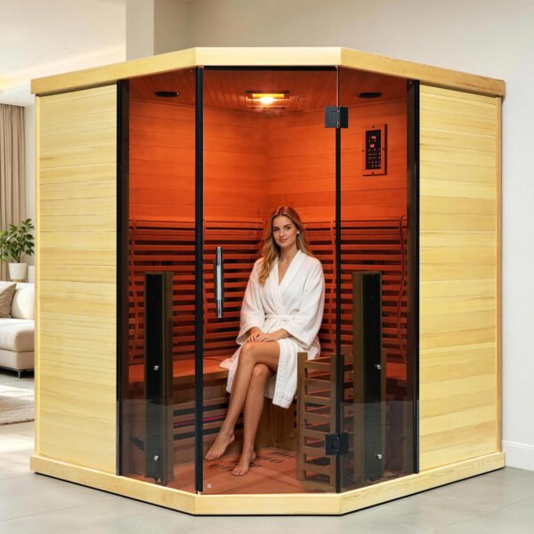 Corner Hybrid Sauna 3 Person, Indoor Infrared Steam Sauna, Canadian Hemlock
